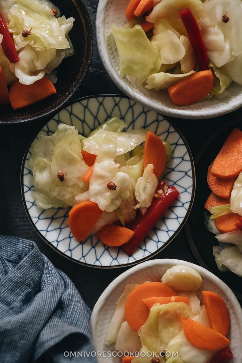 Chinese Pickled Cabbage (A Quick Pickle Recipe) | Make crunchy Chinese pickled cabbage with this quick pickle recipe. It is so easy to prepare, and the result is a well-balanced crisp sweet and sour pickle just like the appetizer you’d get at a Chinese restaurant. {Vegan, Gluten-Free} Sichuan pickled cabbage close-up