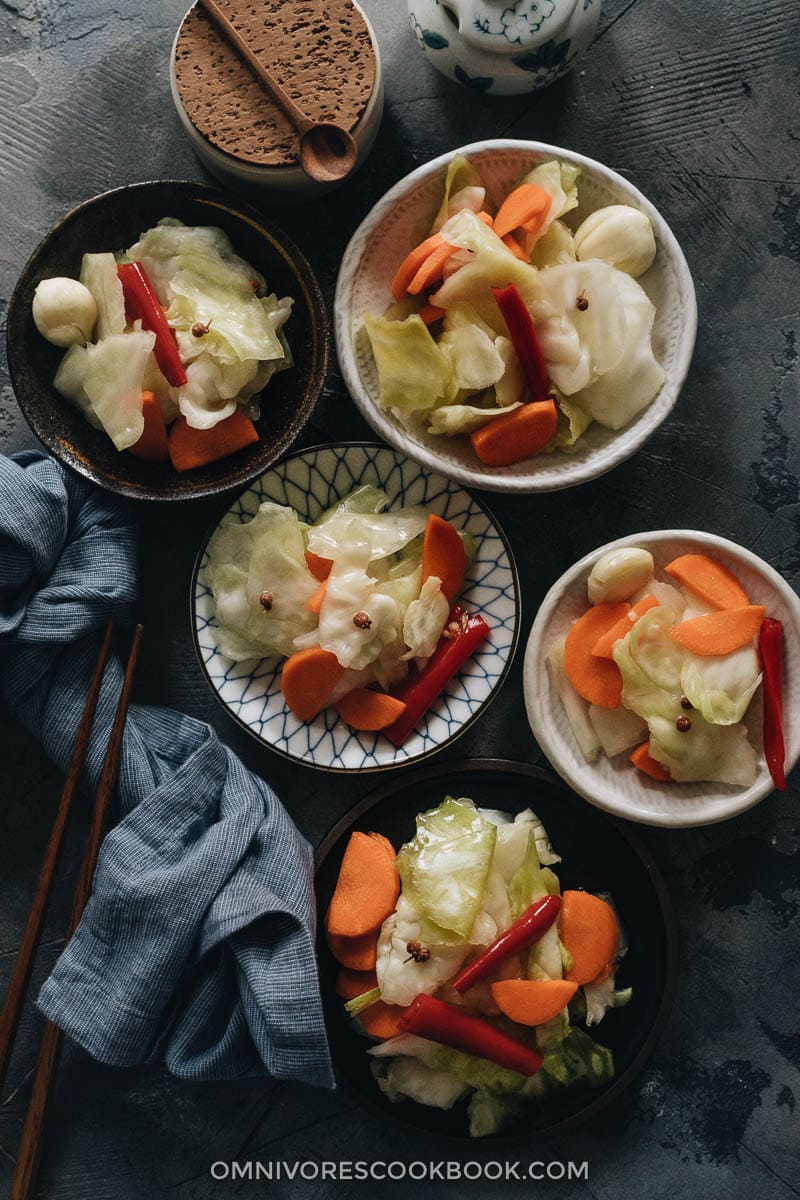 Chinese Pickled Cabbage (A Quick Pickle Recipe) | Make crunchy Chinese pickled cabbage with this quick pickle recipe. It is so easy to prepare, and the result is a well-balanced crisp sweet and sour pickle just like the appetizer you’d get at a Chinese restaurant. {Vegan, Gluten-Free} Chinese pickled cabbage