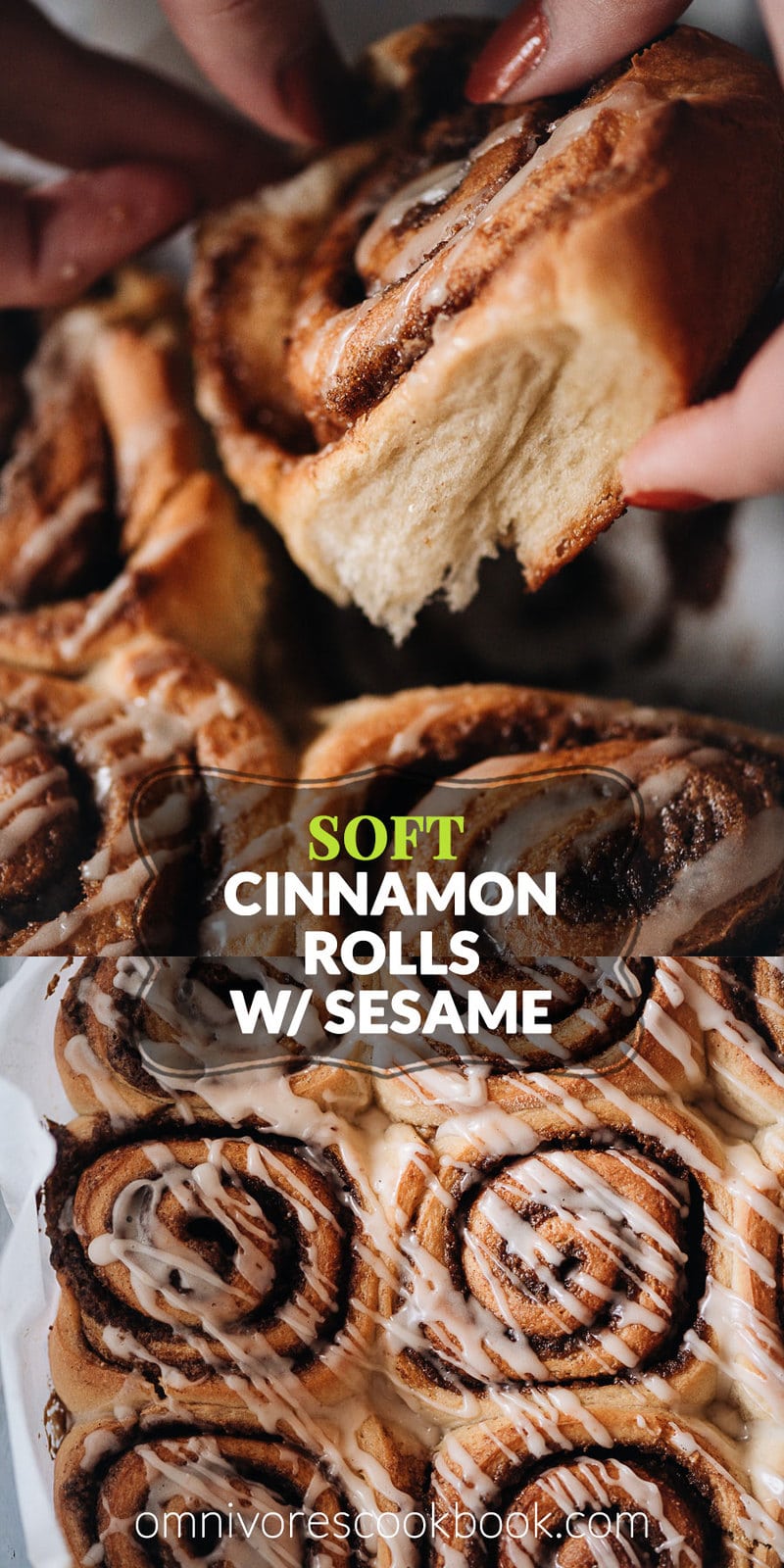 Soft Cinnamon Rolls with Sesame | Easy homemade cinnamon rolls made with a Japanese milk bread formula to create an airy, fluffy texture with a crispy crust, stuffed with cinnamon sugar and a buttery sesame paste. Using a mixer, they&rsquo;re easy to put together and the result is better than Cinnabon. Cooking video is included