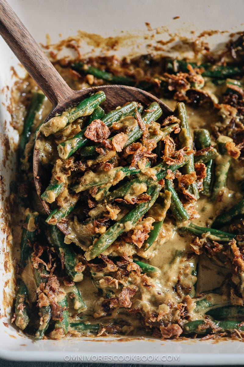Curried vegan green bean casserole close-up