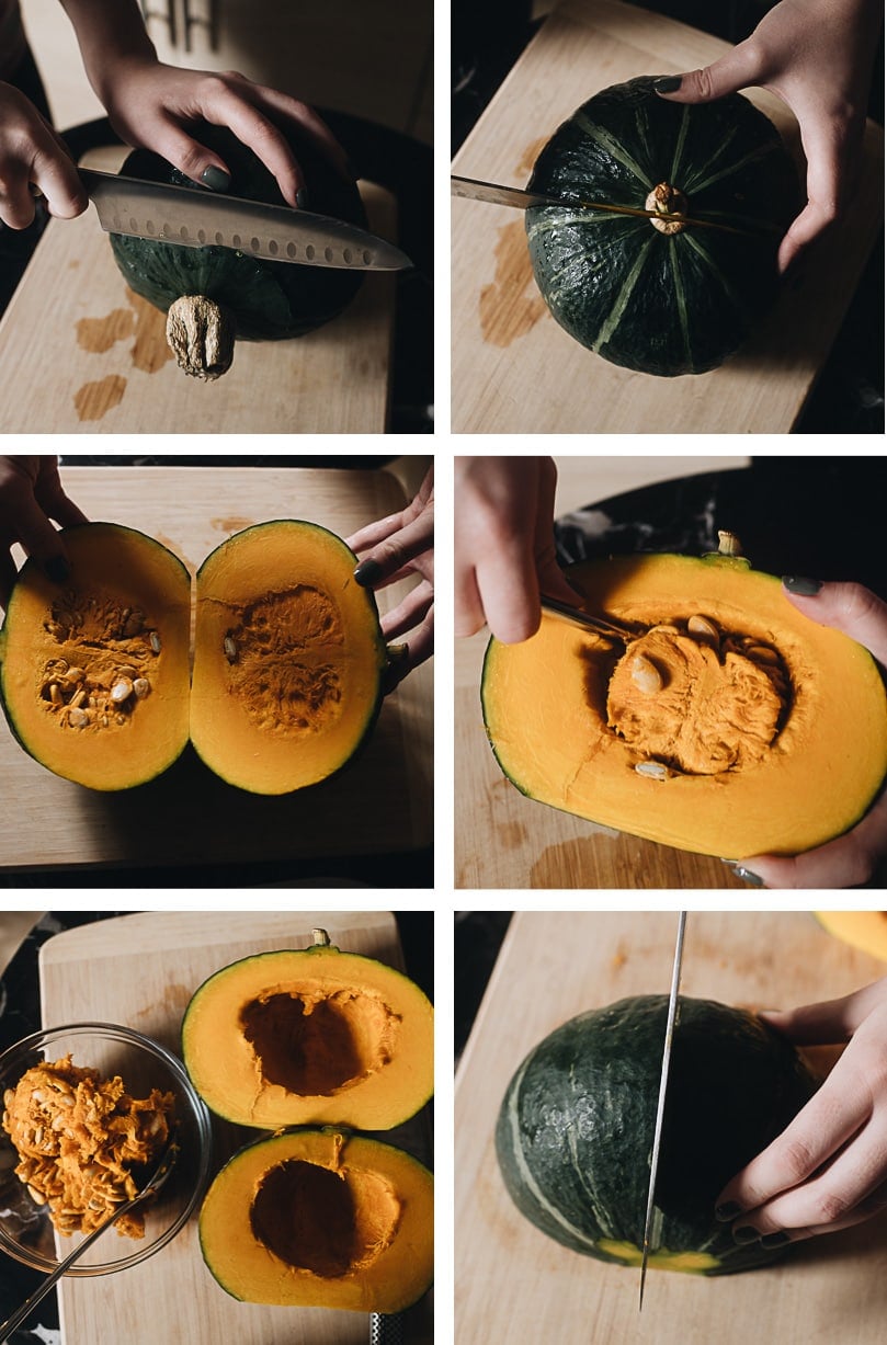 Roasted Kabocha Squash Soup | An easy recipe that yields a well-balanced, hearty, creamy soup that is garlicky and lightly sweet. You can use butternut or acorn squash if you cannot find kabocha. You can easily make the dish vegan as well. Make a big batch in advance and serve it with toasted bread for a healthy dinner. {Vegan-Adaptable, Gluten-Free} How to cut kabocha squash