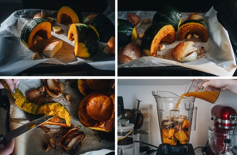Roasted Kabocha Squash Soup | An easy recipe that yields a well-balanced, hearty, creamy soup that is garlicky and lightly sweet. You can use butternut or acorn squash if you cannot find kabocha. You can easily make the dish vegan as well. Make a big batch in advance and serve it with toasted bread for a healthy dinner. {Vegan-Adaptable, Gluten-Free} Roasted kabocha squash soup cooking step-by-step