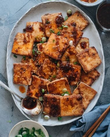Crispy marinated tofu in a plate