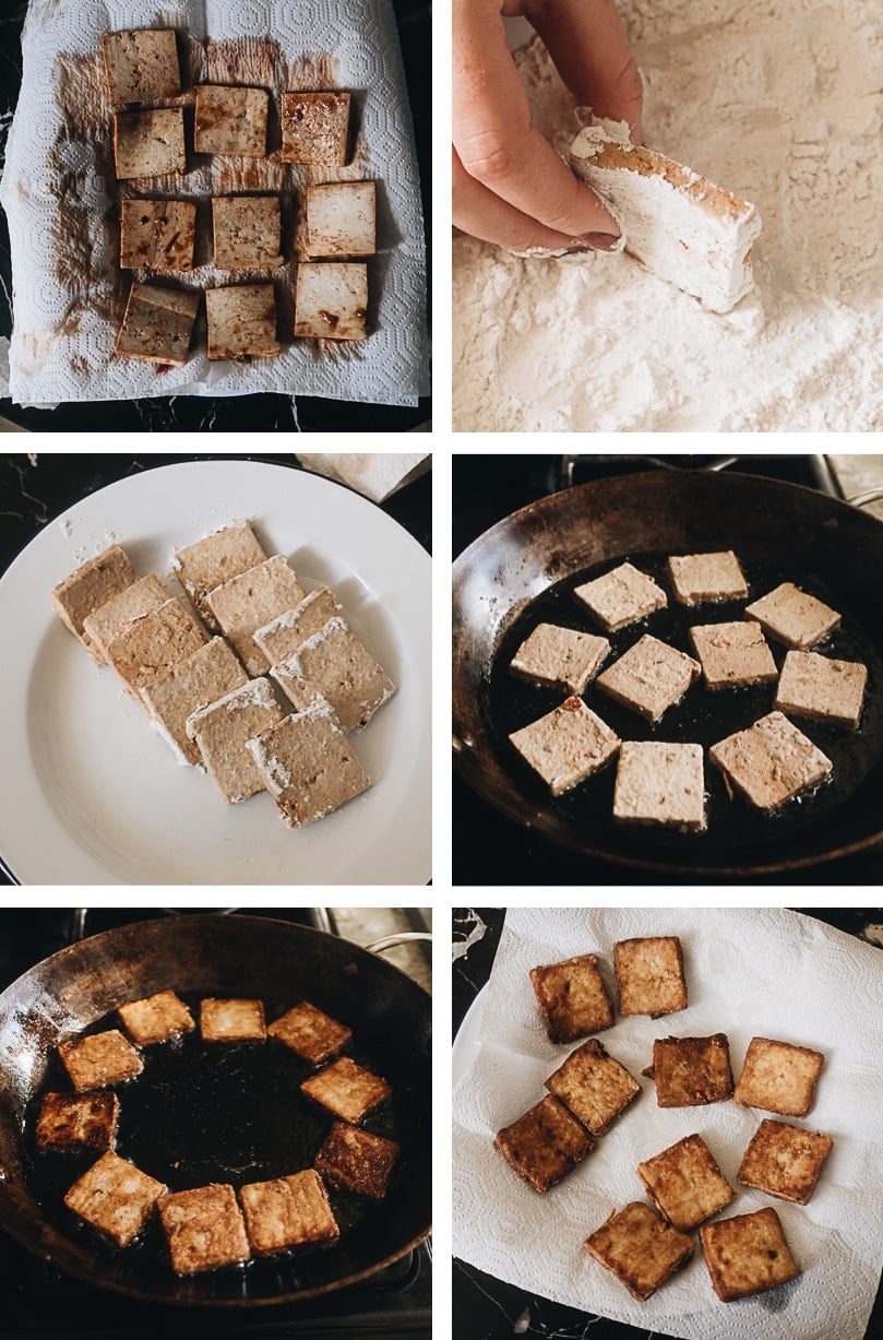 Crispy Marinated Tofu | This recipe generates the most flavorful marinated tofu! The tofu pieces are soaked in a savory spicy Asian sauce, then pan fried until crispy. It’s very easy to put together and yields crispy tofu bites that are bursting with flavor! {Vegan, Gluten-Free adaptable} Crispy marinated tofu cooking step-by-step