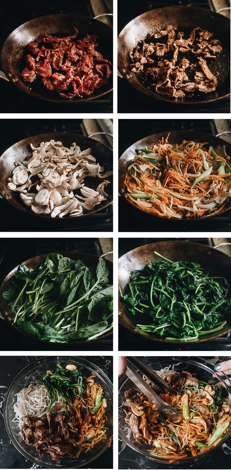 Japchae (Korean Sweet Potato Noodles) | Make japchae at home for a comforting, delicious, and nutritionally balanced weekday dinner. The tender sweet potato noodles are tossed with charred beef and crispy veggies in a sweet savory sauce. This easy recipe uses shortcuts to make the cooking process faster than the traditional recipe. {Gluten Free adaptable, vegan adaptable} Japchae cooking step-by-step