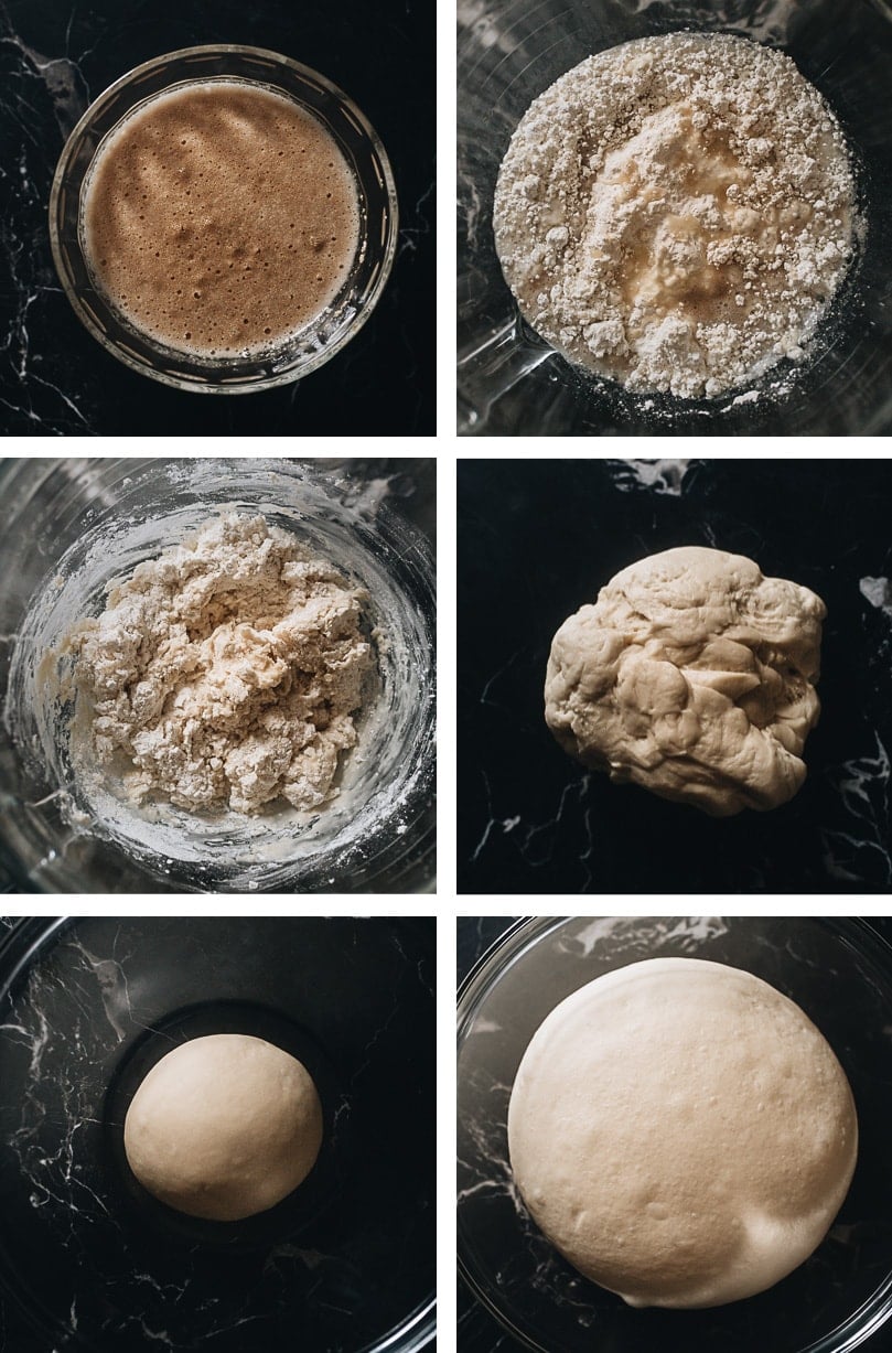 Chinese Steamed Custard Buns (nai wong bao, 奶黄包) | A dim sum classic, these buns are perfect for holiday gatherings and parties as well. Made with a yeast dough and steamed, the buns have a super soft and spongy texture with a smooth surface. The custard filling is creamy, fragrant, and sweet. The recipe includes detailed step-by-step pictures to help you recreate the restaurant-style custard buns in your own kitchen. Preparing dough for making steamed custard buns