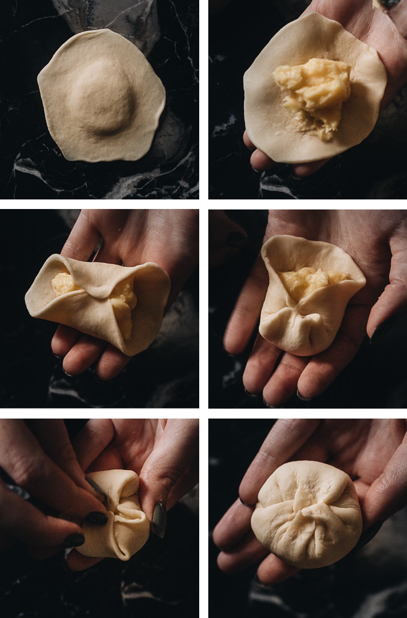 Chinese Steamed Custard Buns (nai wong bao, 奶黄包) | A dim sum classic, these buns are perfect for holiday gatherings and parties as well. Made with a yeast dough and steamed, the buns have a super soft and spongy texture with a smooth surface. The custard filling is creamy, fragrant, and sweet. The recipe includes detailed step-by-step pictures to help you recreate the restaurant-style custard buns in your own kitchen. Wrapping steamed custard buns step-by-step