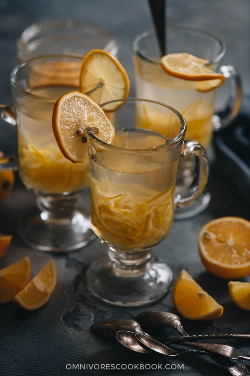 Easy Citron Tea | Sharing an easy citron tea that mimics the flavor and texture of the traditional Korean Yuja Cha but uses meyer lemons instead of yuzu. It has all the essentials of Yuja Cha, but uses an easier-to-source and cheaper ingredient. It’s a perfect winter drink that will warm your soul. It’s also very pretty and makes a great edible holiday gift. {Vegan, Gluten-Free} Homemade citron tea using meyer lemons