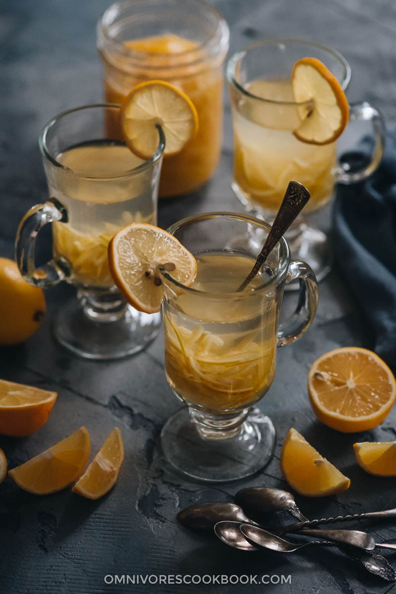 Easy Citron Tea | Sharing an easy citron tea that mimics the flavor and texture of the traditional Korean Yuja Cha but uses meyer lemons instead of yuzu. It has all the essentials of Yuja Cha, but uses an easier-to-source and cheaper ingredient. It’s a perfect winter drink that will warm your soul. It’s also very pretty and makes a great edible holiday gift. {Vegan, Gluten-Free} Meyer lemon tea