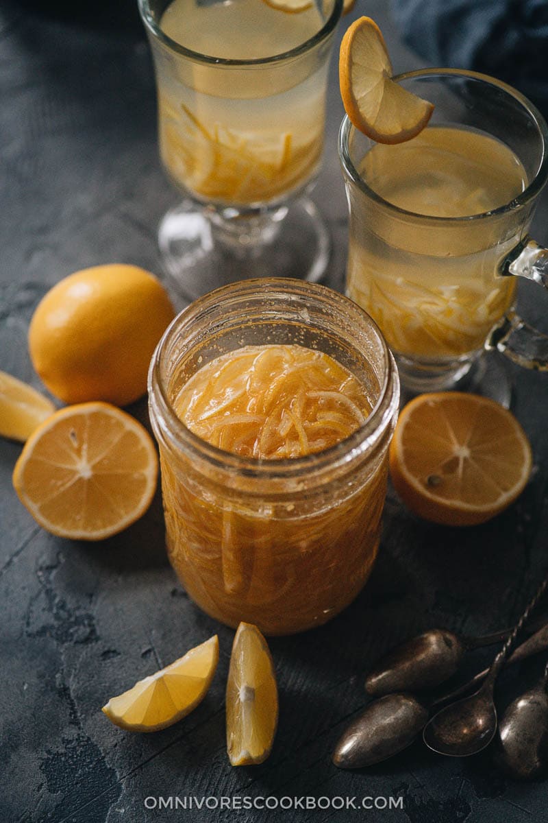 Easy Citron Tea | Sharing an easy citron tea that mimics the flavor and texture of the traditional Korean Yuja Cha but uses meyer lemons instead of yuzu. It has all the essentials of Yuja Cha, but uses an easier-to-source and cheaper ingredient. It’s a perfect winter drink that will warm your soul. It’s also very pretty and makes a great edible holiday gift. {Vegan, Gluten-Free} Homemade citron tea in a jar