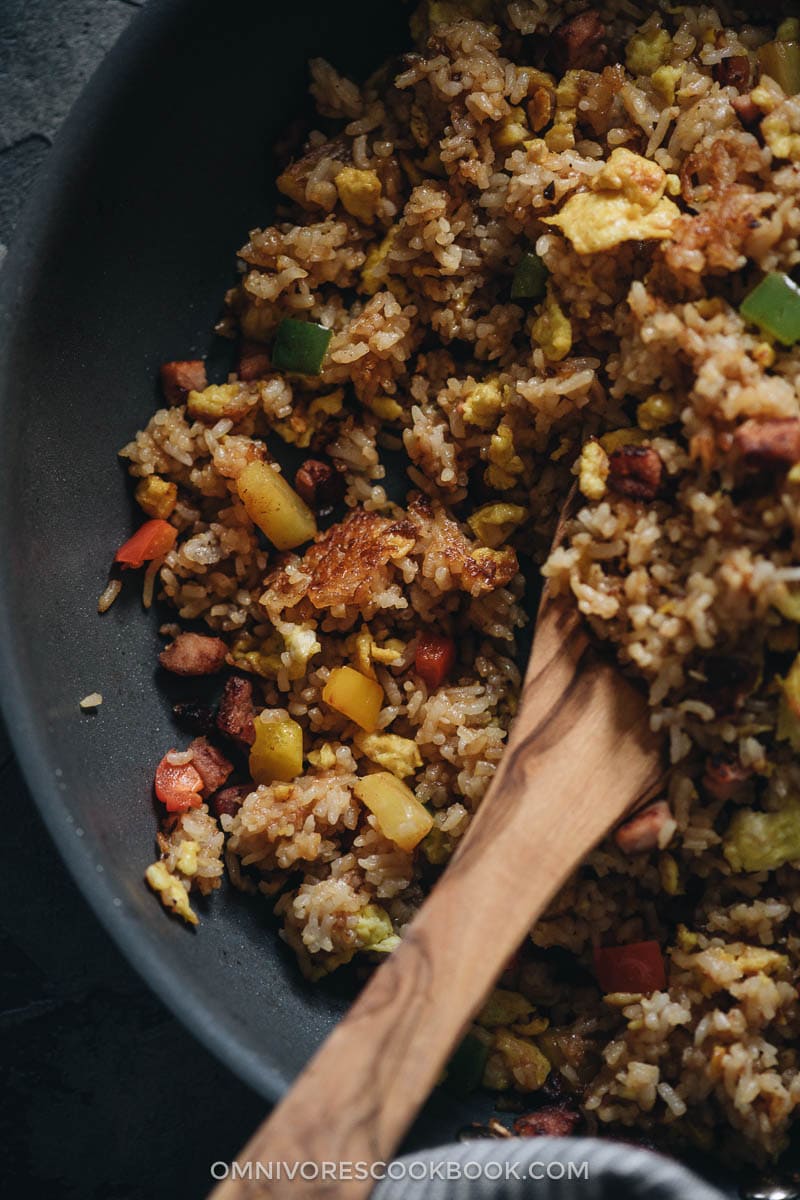 Leftover Ham Fried Rice with Pineapple | Turn your leftover ham into a quick meal that tastes better than Chinese takeout. Learn all the secrets to creating the best fried rice without a wok. {Gluten-Free} Leftover ham fried rice in a pan