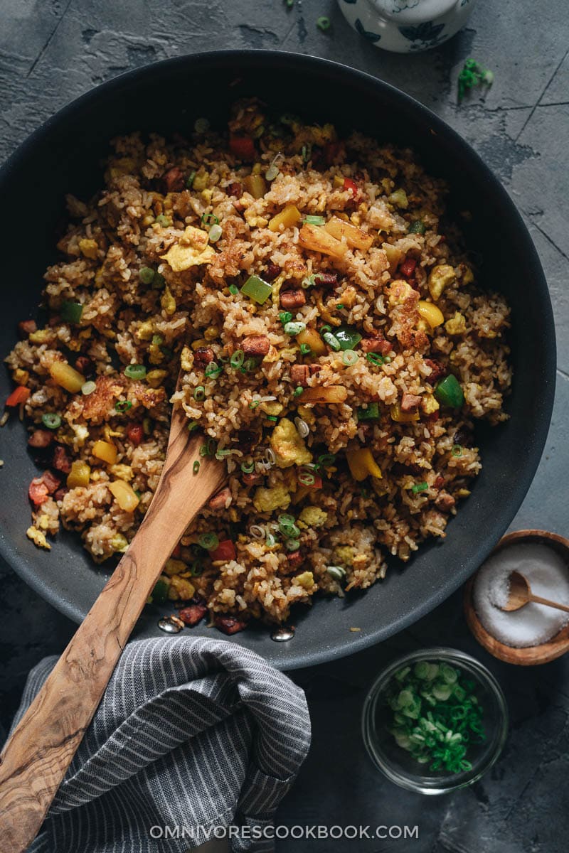 Leftover Ham Fried Rice with Pineapple | Turn your leftover ham into a quick meal that tastes better than Chinese takeout. Learn all the secrets to creating the best fried rice without a wok. {Gluten-Free} Ham fried rice with peppers