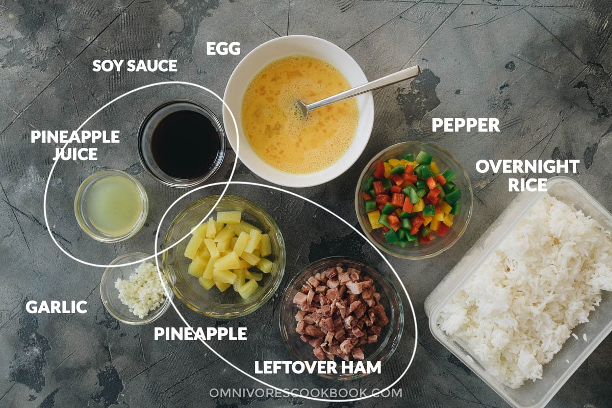 Leftover Ham Fried Rice with Pineapple | Turn your leftover ham into a quick meal that tastes better than Chinese takeout. Learn all the secrets to creating the best fried rice without a wok. {Gluten-Free} Ingredients for fried rice