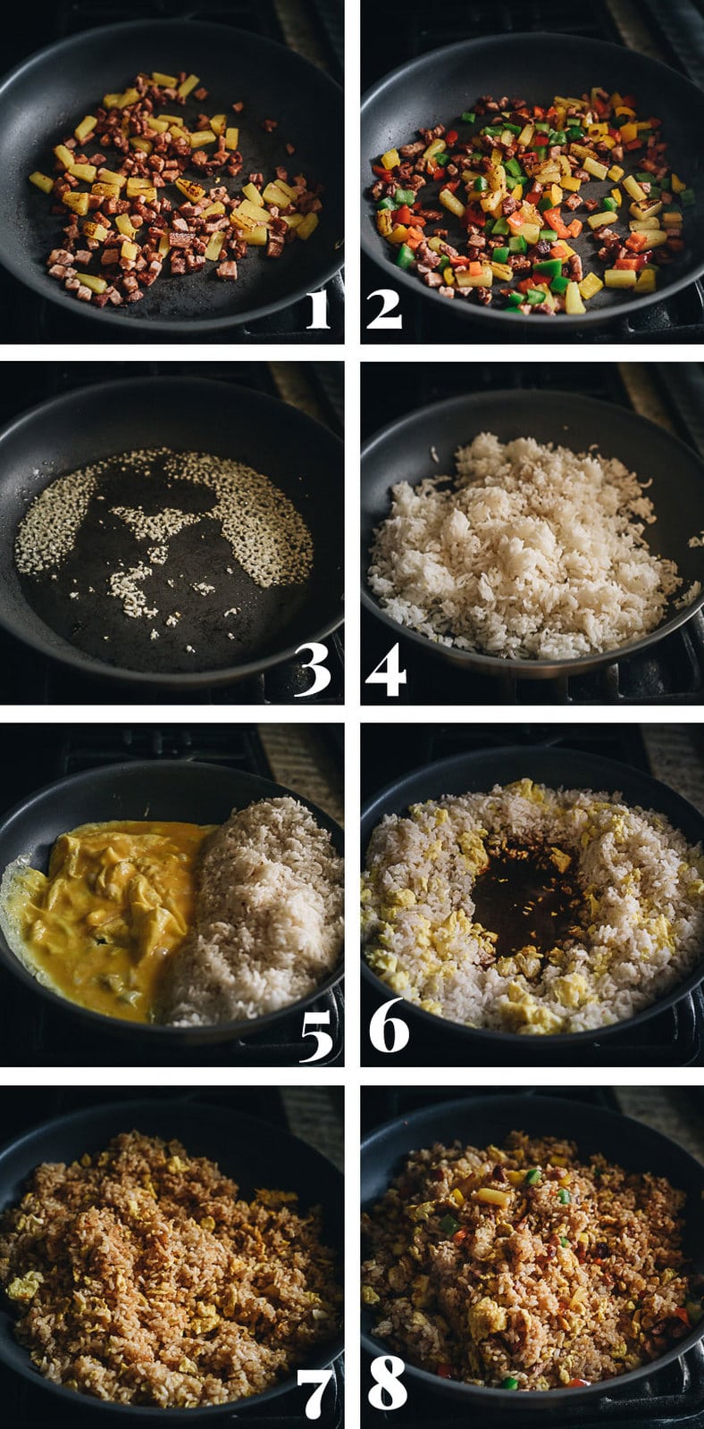 Leftover Ham Fried Rice with Pineapple | Turn your leftover ham into a quick meal that tastes better than Chinese takeout. Learn all the secrets to creating the best fried rice without a wok. {Gluten-Free} Cooking ham fried rice step-by-step