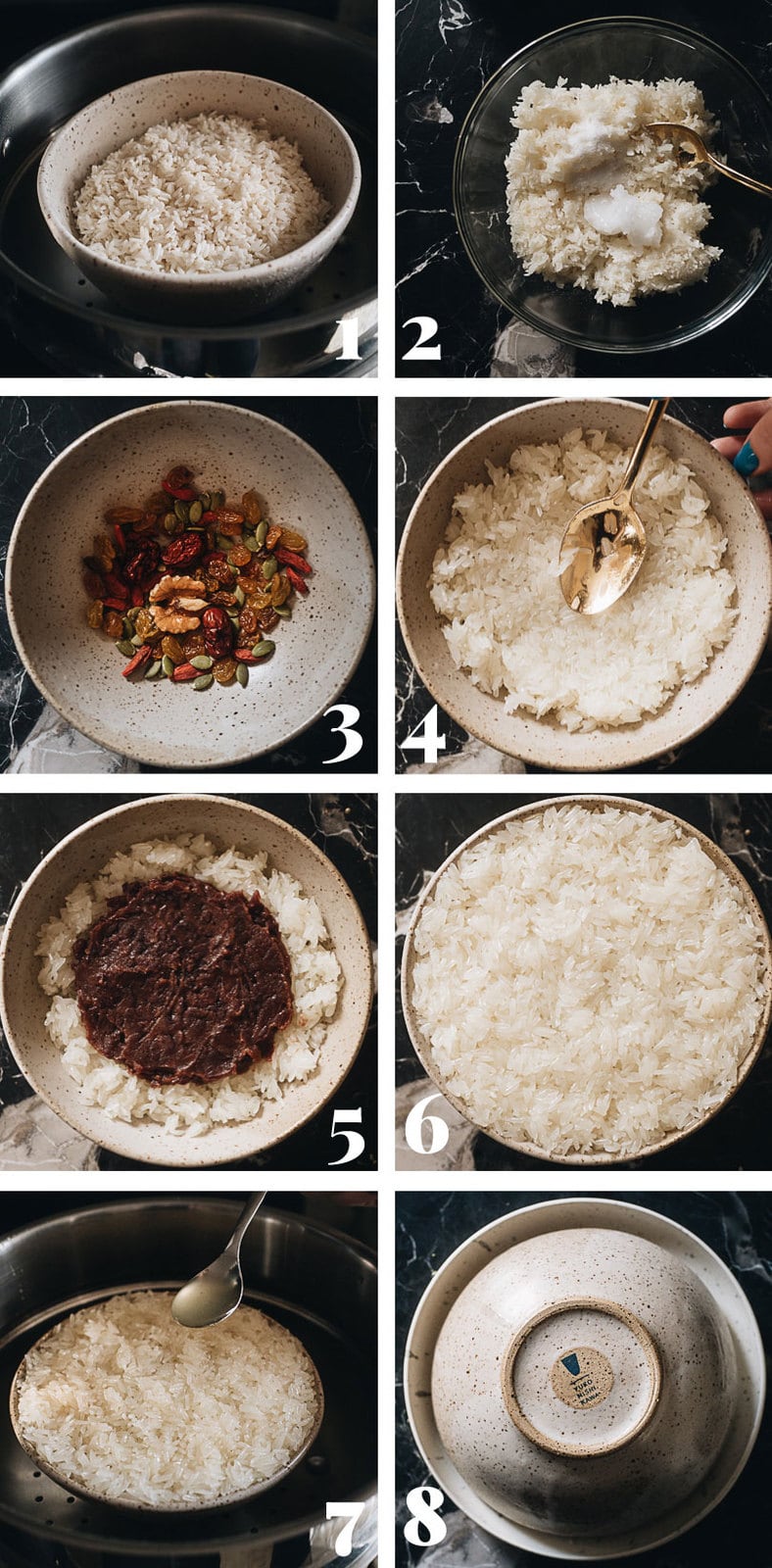 Eight Treasure Rice (八宝饭, Chinese Rice Pudding) | Lightly sweetened sticky rice stuffed with red bean paste and topped with dried fruits and seeds, then served with a fragrant chrysanthemum syrup that has an amazing earthy aroma. The modernized version tastes so good and uses ingredients that are easy to source. And the cooking is quite simple. It’s a light and healthy dessert that is perfect to serve at the end of a meal. {Vegan, Gluten-Free} Eight treasure rice cooking step-by-step