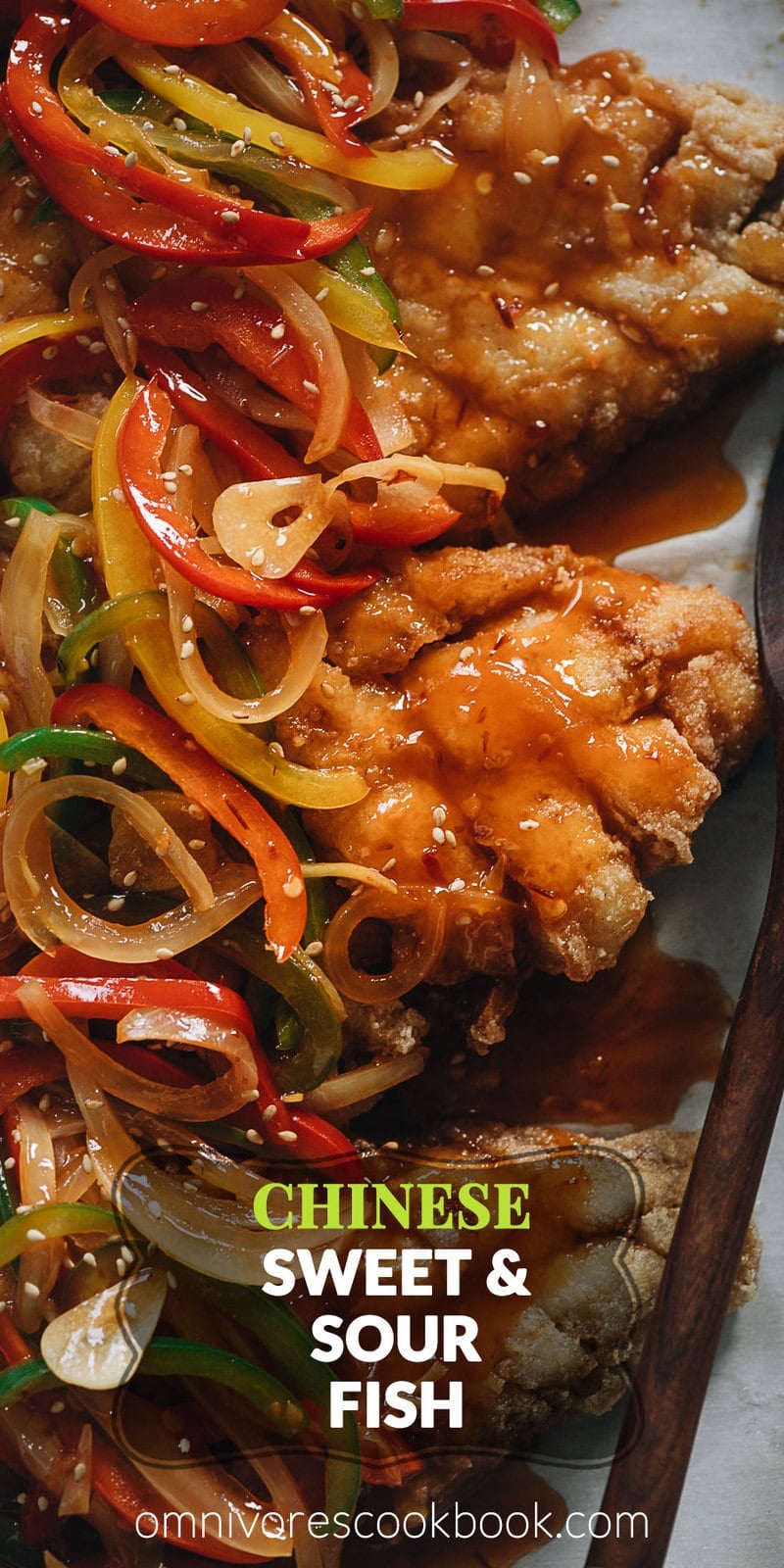 Chinese Sweet and Sour Fish (糖醋鱼) | This recipe uses fish fillets to create a stunning presentation while keeping the cooking process as easy as possible. The fish is shallow-fried until super crispy and then drizzled with a rich and aromatic sauce that is loaded with colorful peppers. It&rsquo;s a perfect dish to serve at your dinner party, for Chinese New Year, or for other Chinese festivals. {Gluten-Free Adaptable}