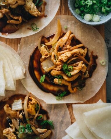 Moo shu chicken on moo shu wrapper