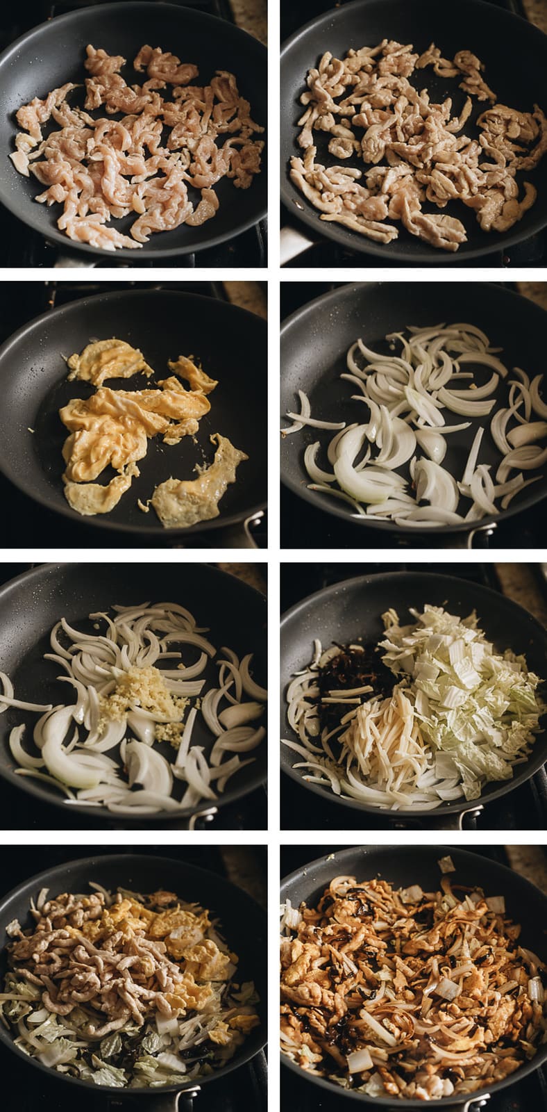 Moo Shu Chicken | A hybrid of authentic Chinese and American Chinese food, moo shu chicken makes a refreshing and delicious dish that’s better than the Chinese restaurant version. Tender juicy chicken, crisp napa cabbage, crunchy bamboo shoots, and wood ear mushrooms are quickly cooked in a savory and lightly sweet sauce. Serve either with moo shu wrappers or steamed rice and you’ll have a healthy and delicious meal. Moo shu chicken cooking step-by-step