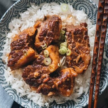 Braised beef brisket on top of rice