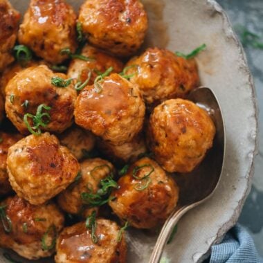 Glazed Chinese meatballs close-up