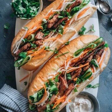 Homemade pork banh mi on a tray