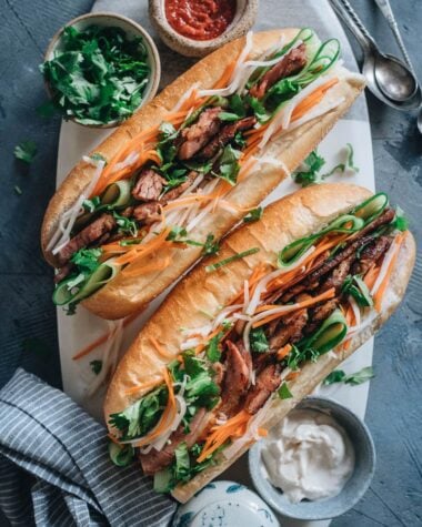 Homemade pork banh mi on a tray