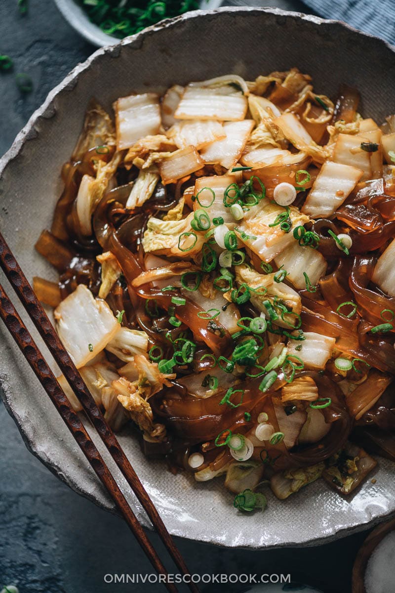 Braised napa cabbage with glass noodles close-up