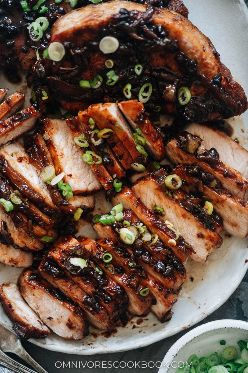 Pork chops with black bean sauce close up