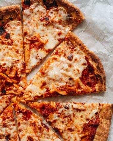 Homemade kimchi pizza close-up