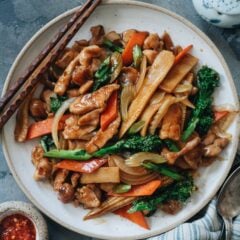 Tender juicy chicken bites with crunchy veggies in a rich sauce for a classic Chinese takeout-style chicken chop suey no one can resist! It’s a perfect recipe to use up your leftover vegetables. My blog post includes detailed instructions on how to assemble your own chicken chop suey using different veggies. {Gluten-Free Adaptable}