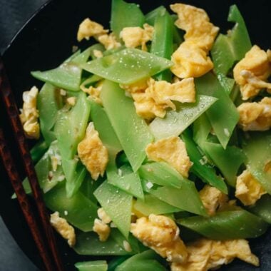 Celtuce stir fry with eggs close-up