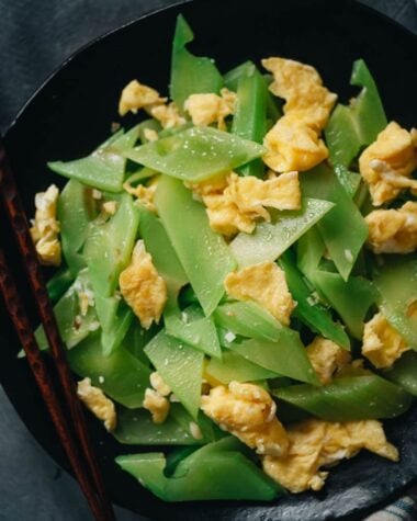 Celtuce stir fry with eggs close-up