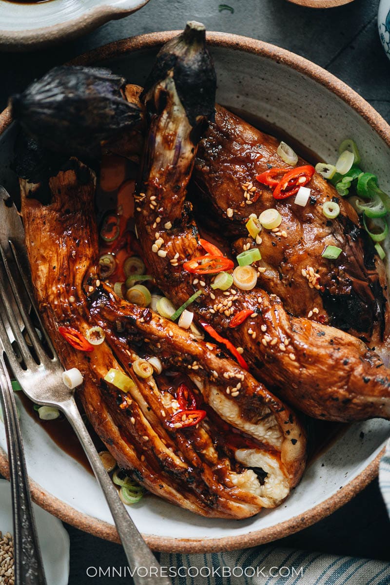 Fire roasted eggplant close up