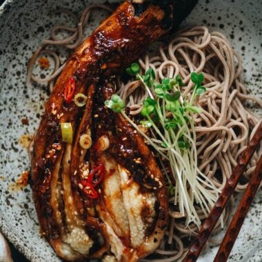 Peeled roasted eggplant with soba noodles