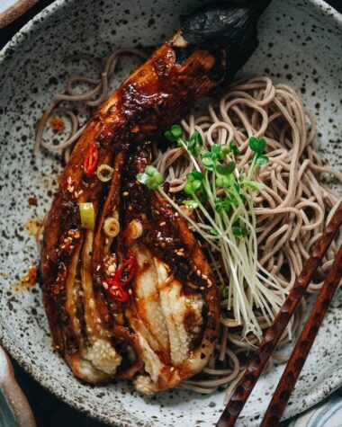 Peeled roasted eggplant with soba noodles