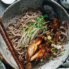 This fire roasted eggplant recipe evokes kitchen creativity with a sauce that melds savory, sweet, sour, and garlicky flavors together with a rich and buttery texture. This recipe teaches you how to roast eggplant on a gas stove and create a one-bowl meal in no time! {Vegan}