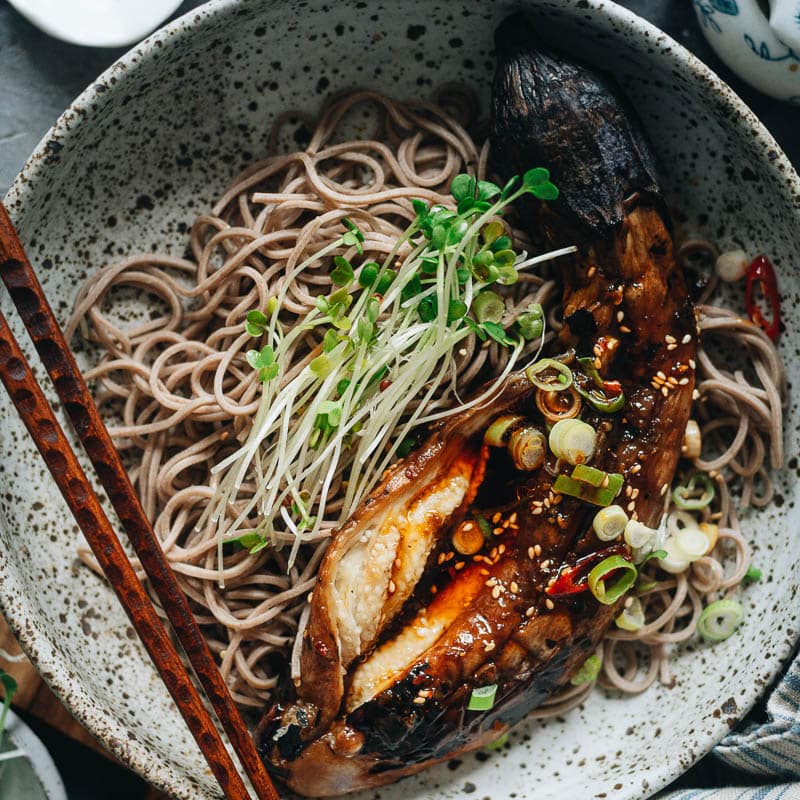 This fire roasted eggplant recipe evokes kitchen creativity with a sauce that melds savory, sweet, sour, and garlicky flavors together with a rich and buttery texture. This recipe teaches you how to roast eggplant on a gas stove and create a one-bowl meal in no time! {Vegan}