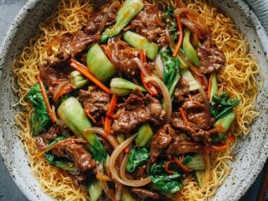 Hong Kong style beef and brown sauce over crispy noodles
