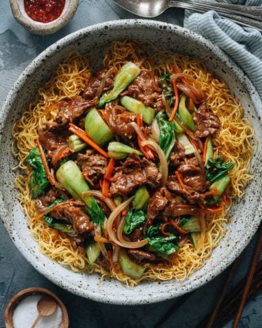 Hong Kong style beef and brown sauce over crispy noodles