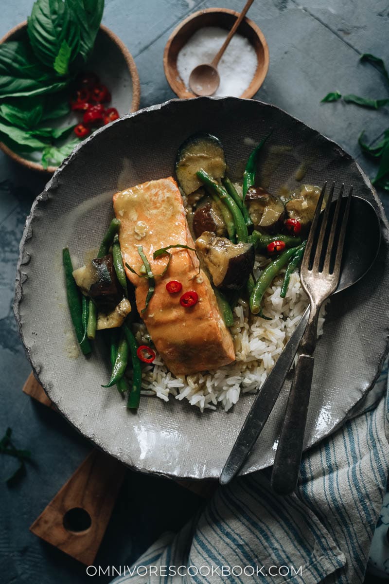 Thai salmon with curry served over rice