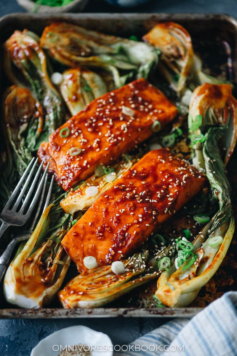 Sweet and sour salmon with bok choy in a sheet pan