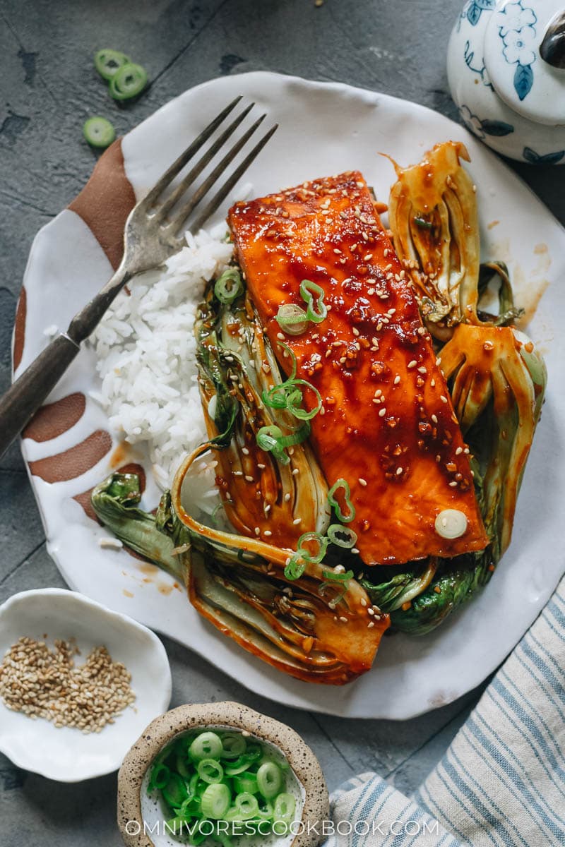 Sweet and sour salmon served with rice and bok choy