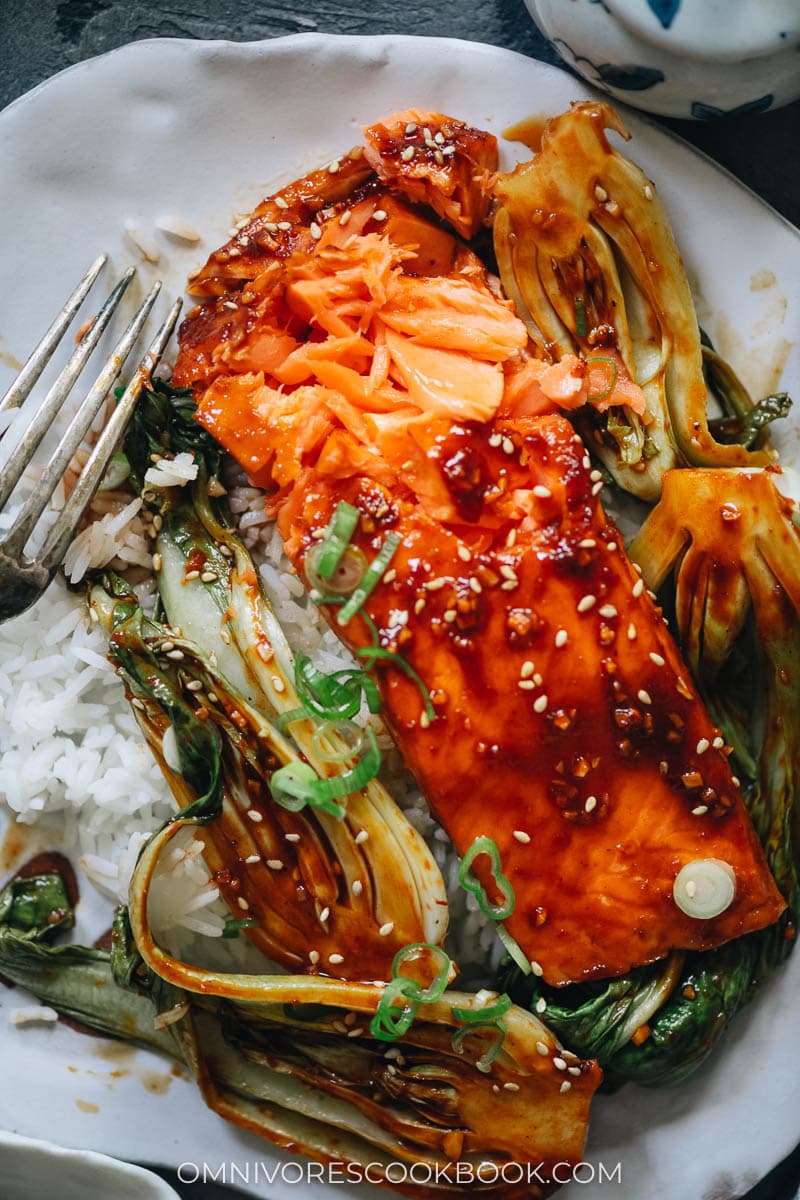 Flaky salmon with sticky sauce