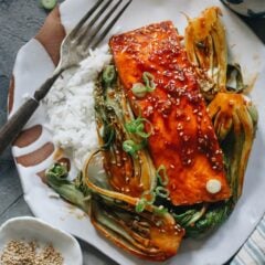 This super-simple sheet pan dinner of salmon bok choy is healthful and delicious for an impressive dish to serve guests or a good-for-you meal that&rsquo;s ready super-fast! {Gluten-Free adaptable}