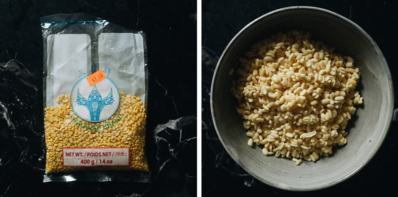 Dried and soaked and hulled mung beans