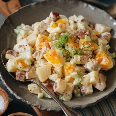 Creamy potato salad with soft boiled eggs