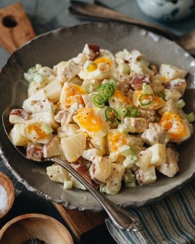 Creamy potato salad with soft boiled eggs