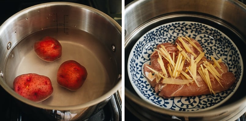 Boil potato and steam chicken in one pot