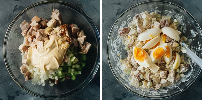 Mixing chicken potato salad