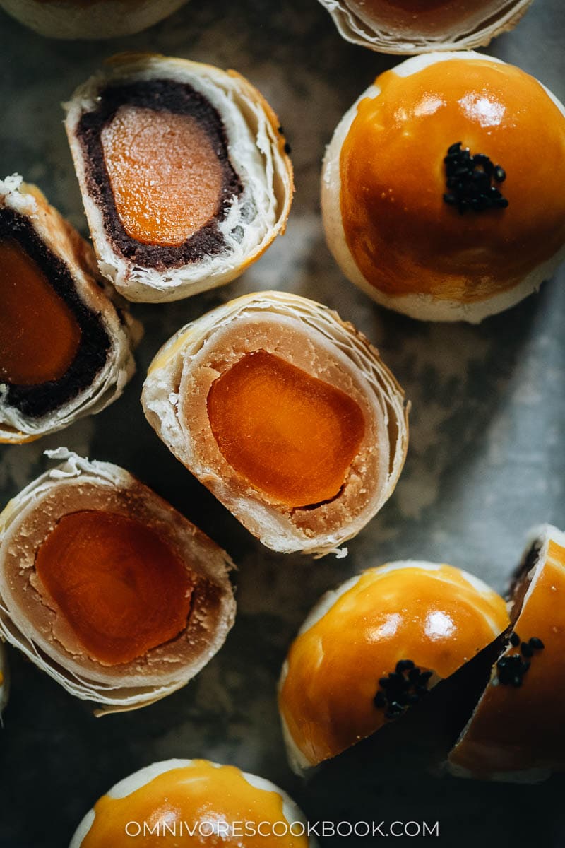 Pastry mooncake with red bean and lotus seed paste and egg yolk